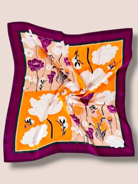 unbranaded Accessories - 💜 "Orange Sky" Purple, Orange And White Floral Square Scarf